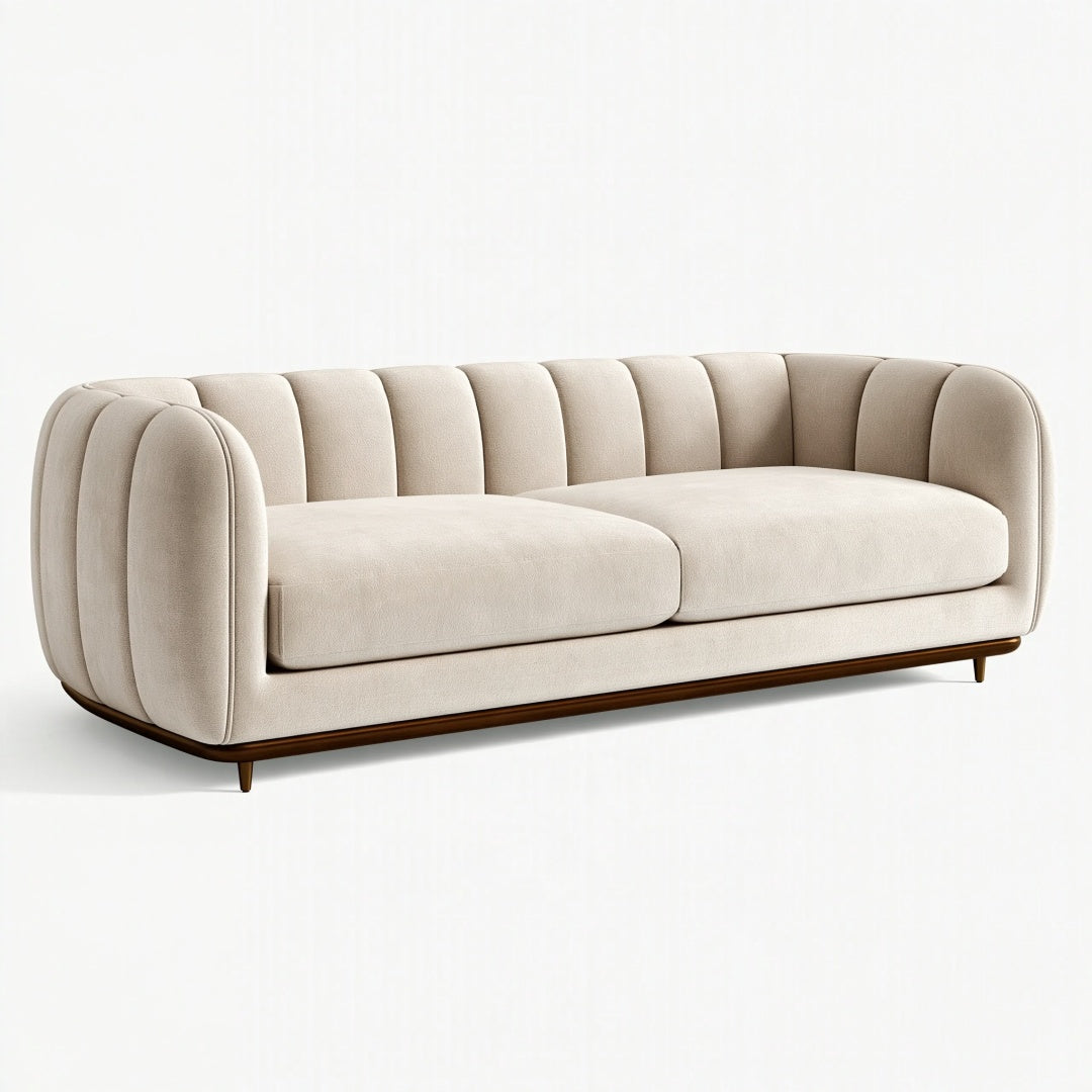 Divano 3 posti 220 cm in tessuto beige con base in legno stile moderno