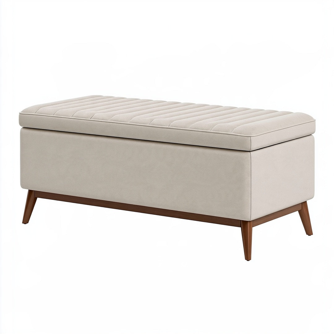 Panca contenitore 120 x 45 x 46 cm in tessuto beige con gambe in legno stile moderno
