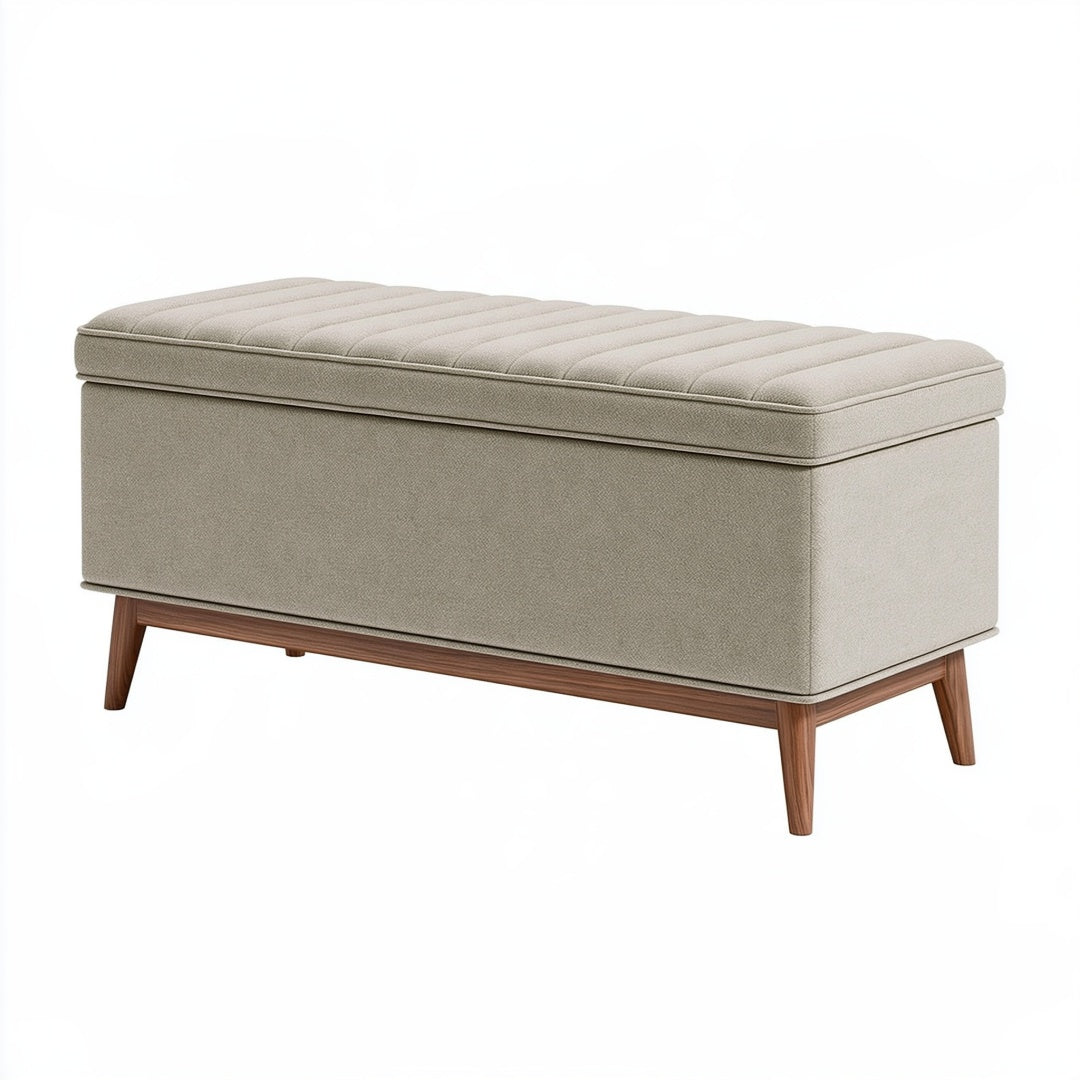 Panca contenitore 120 cm in tessuto beige con gambe in legno stile moderno
