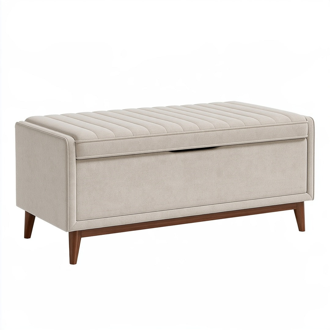 Panca contenitore 120 x 45 x 50 cm in tessuto beige con gambe in legno stile moderno