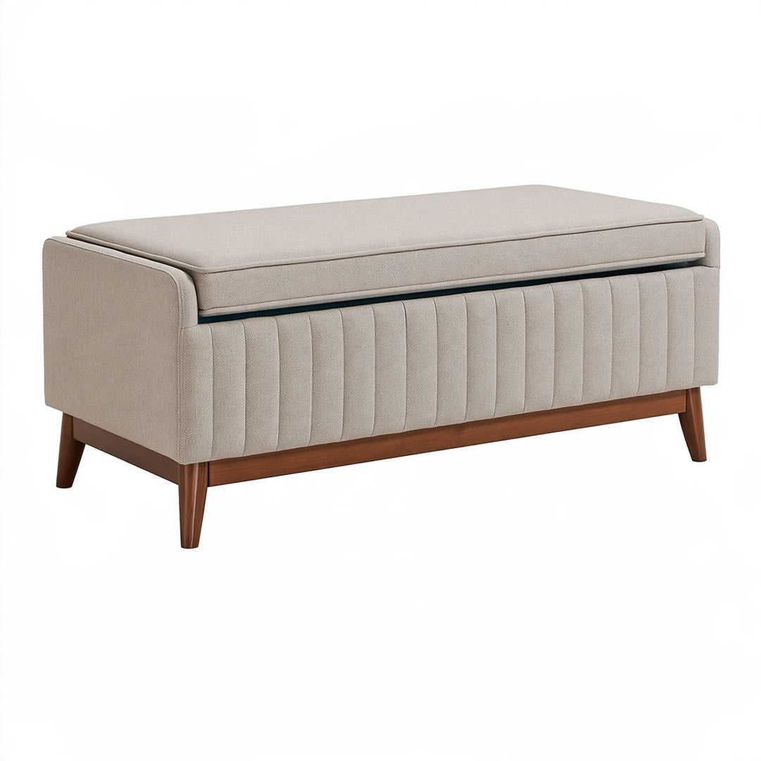 Panca contenitore 100 x 40 x 45 cm in tessuto beige con gambe in legno stile moderno