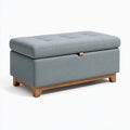 Panca contenitore LALVOKAR in tessuto grigio azzurro con base in legno, seduta imbottita, dimensioni 110x45x48 cm