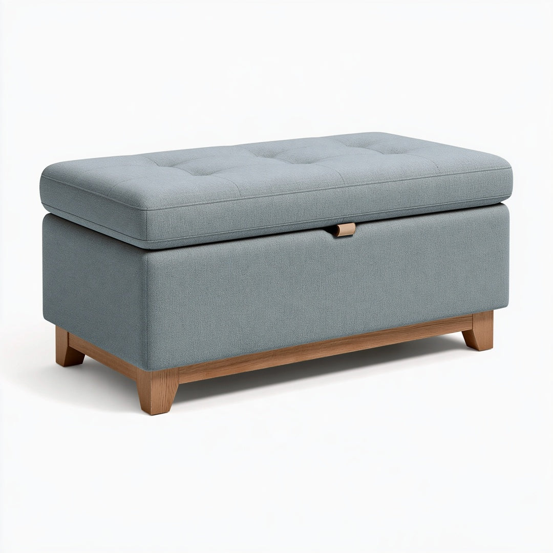 Panca contenitore 110 x 45 x 48 cm in tessuto grigio azzurro con base in legno - seduta imbottita