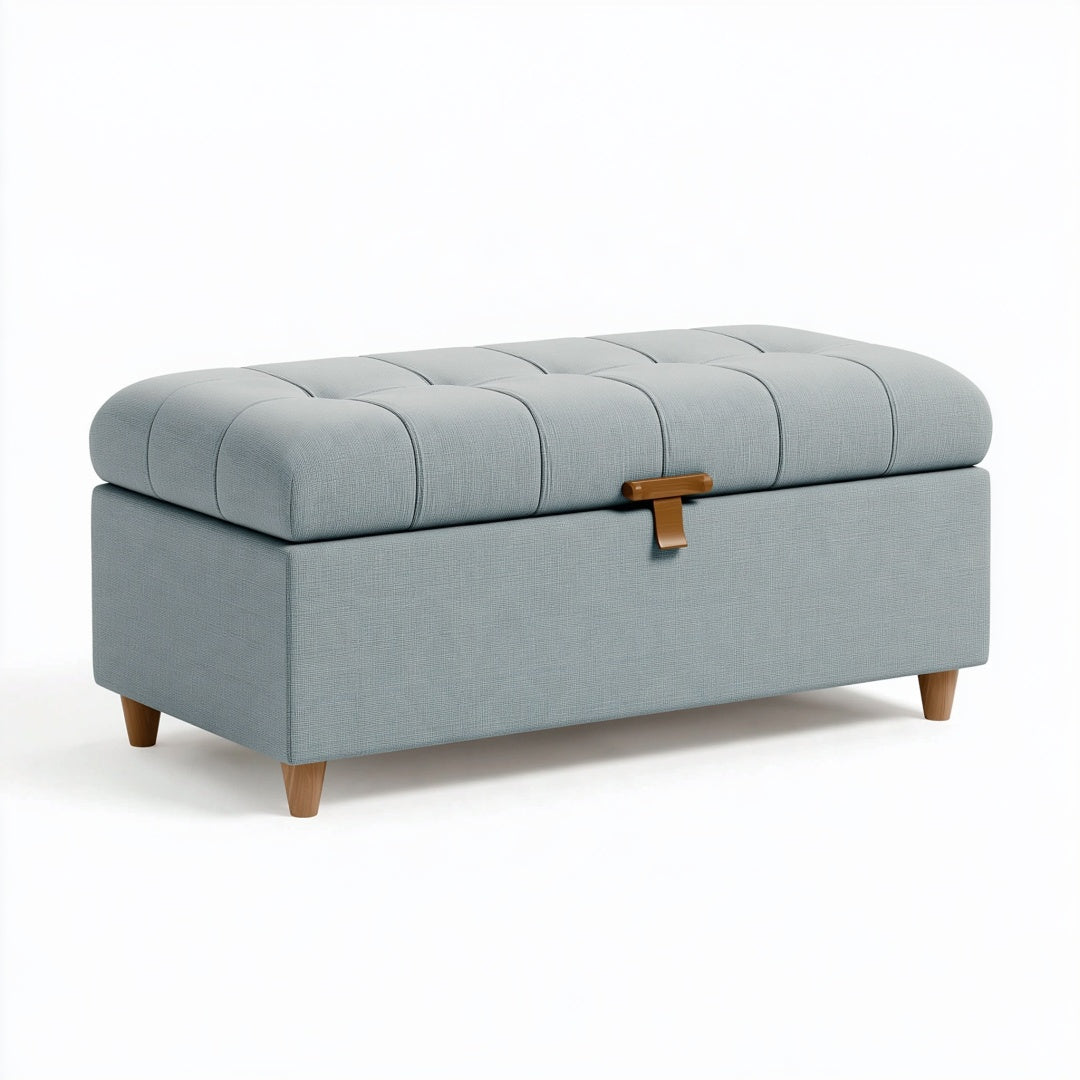 Panca contenitore 120 x 45 x 48 cm in tessuto azzurro grigio con seduta imbottita stile moderno