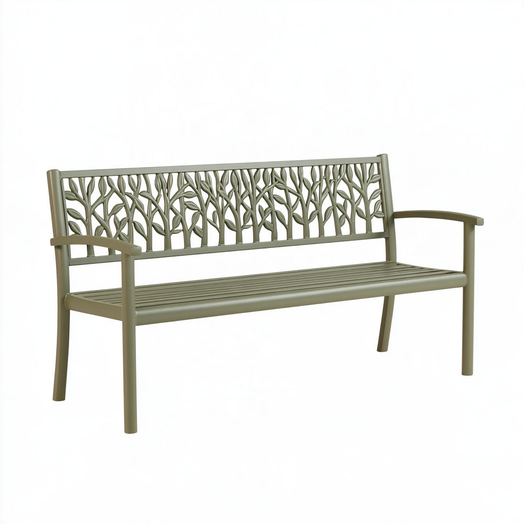 Panca da giardino 150 x 60 x 90 cm in metallo verde con schienale decorativo