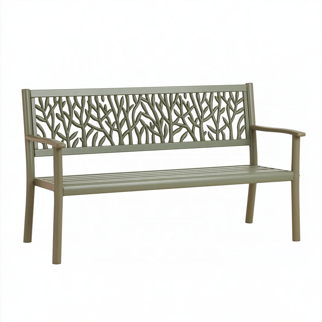 Panca da giardino 120 cm in metallo verde salvia con schienale decorativo