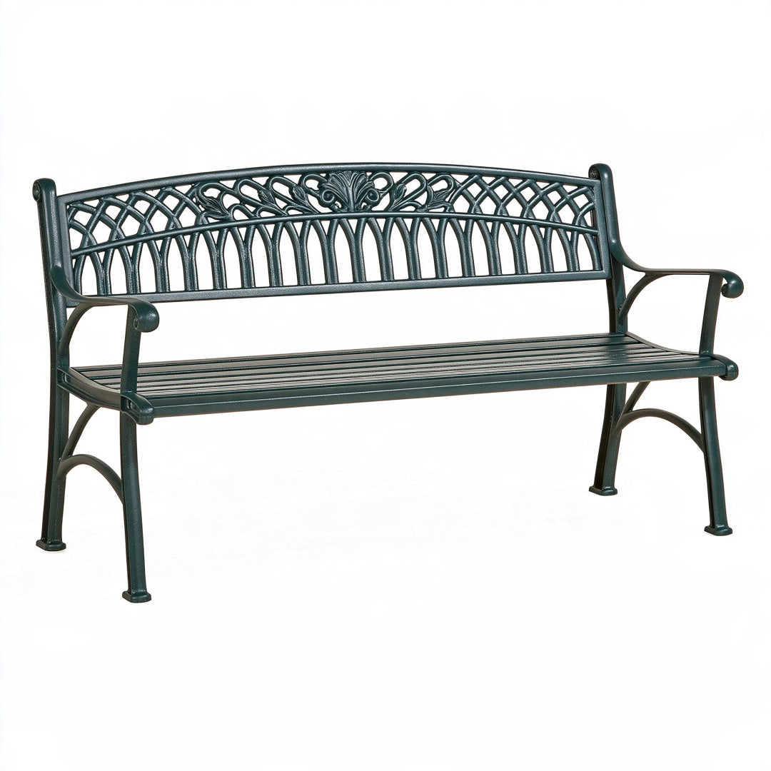 Panchina da giardino 150 cm in metallo verde scuro con schienale decorativo