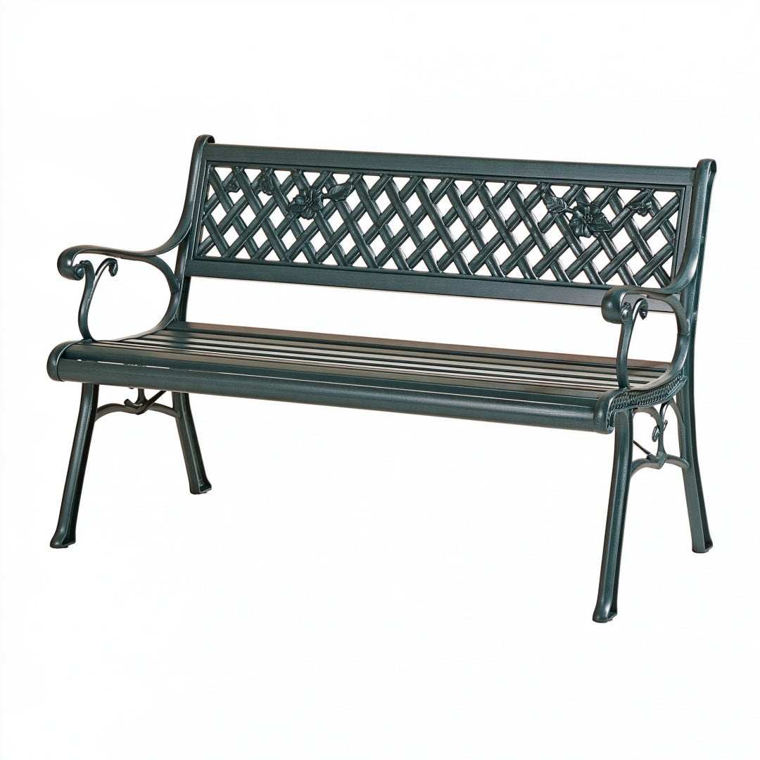 Panchina da giardino 150 x 60 x 90 cm in metallo nero - stile classico con schienale traforato