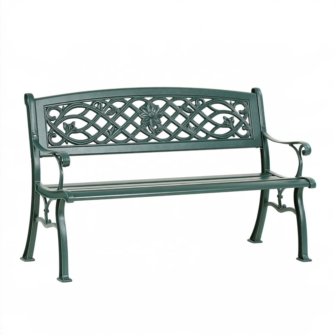 Panchina da giardino 122 cm in metallo verde scuro con schienale decorativo