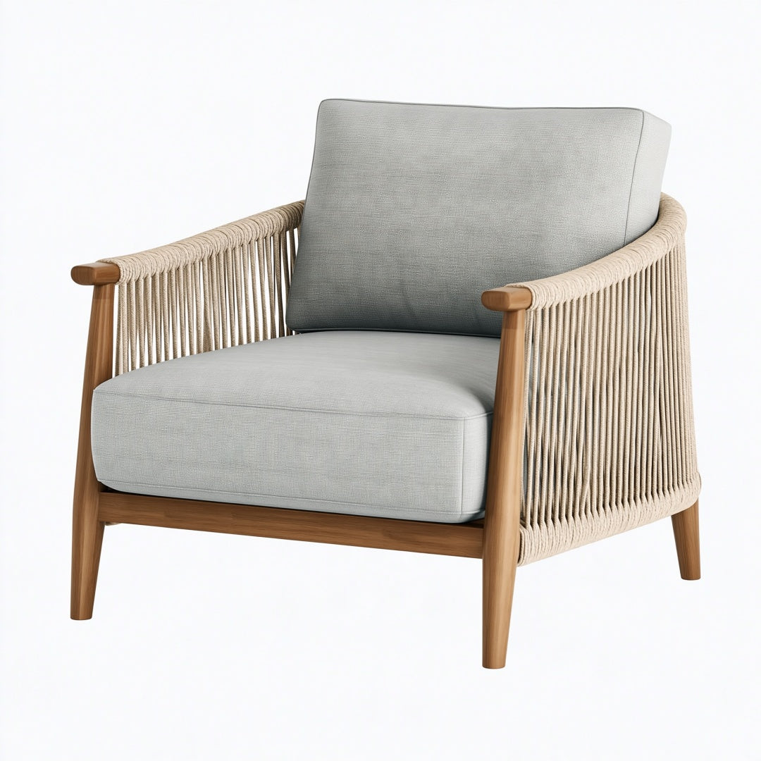 Poltrona 78 x 82 x 84 cm in legno e corda beige con rivestimento grigio stile contemporaneo