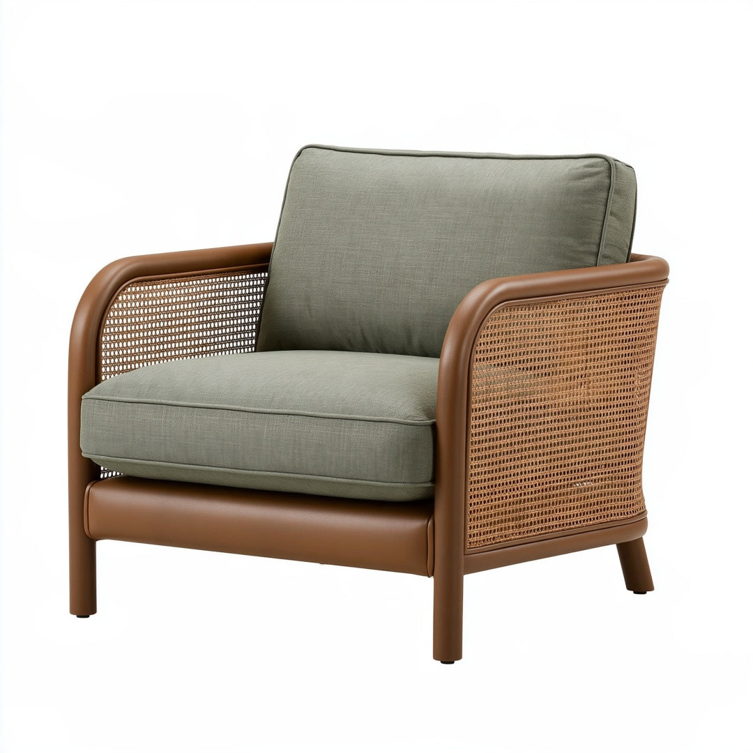 Poltrona 78 x 75 x 82 cm in tessuto verde e rattan - seduta imbottita stile moderno