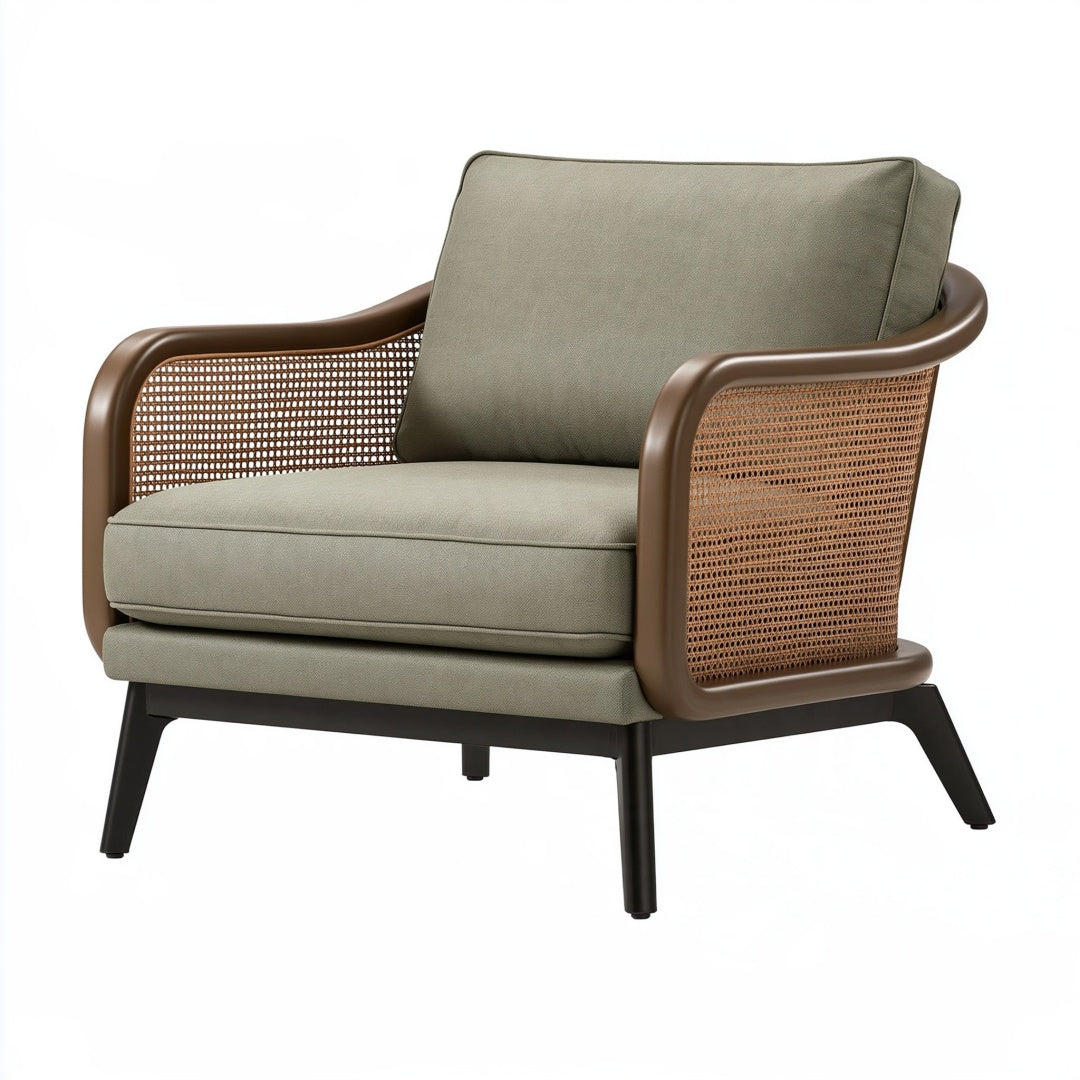 Poltrona 82 x 78 x 84 cm in tessuto verde con rattan e struttura in legno stile moderno
