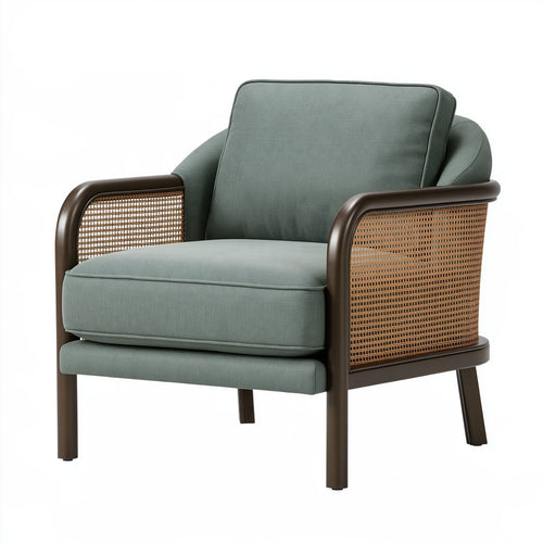 Poltrona LALVOKAR in tessuto verde con struttura in legno e dettagli in rattan, dimensioni 75x80x85 cm stile moderno