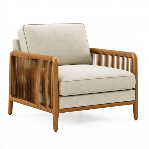 Poltrona LALVOKAR in legno e corda beige con seduta imbottita, stile moderno, dimensioni 80x85x80 cm.
