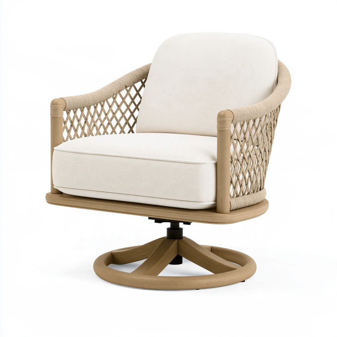 Poltrona girevole 78 x 82 x 86 cm in legno e corda beige con seduta imbottita