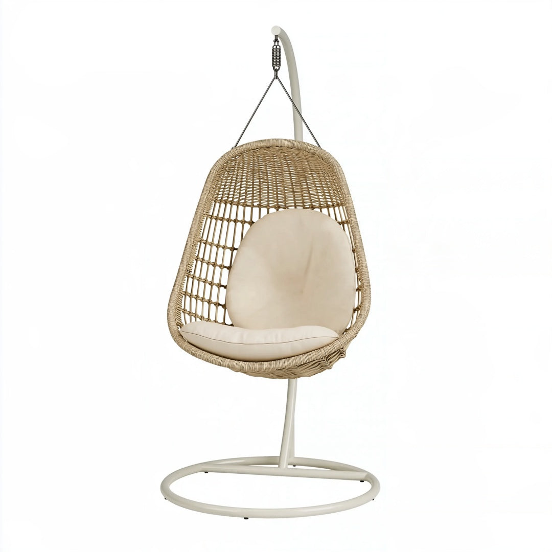 Poltrona sospesa 105x105x195 cm in fibra intrecciata beige con struttura in metallo per interni stile boho