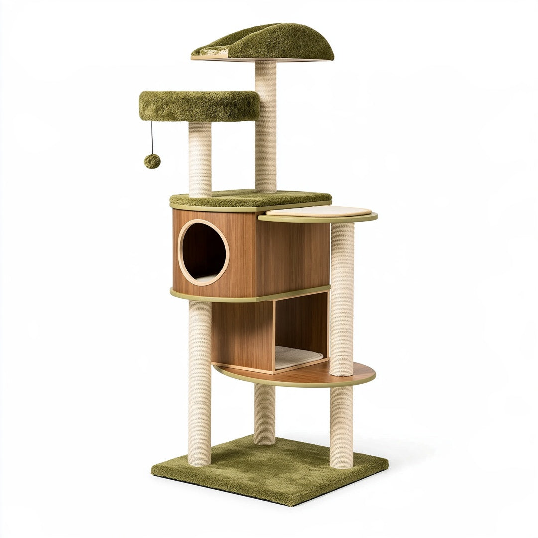 Albero tiragraffi per gatti 60 x 50 x 145 cm in legno e tessuto verde con cucce e pali rivestiti