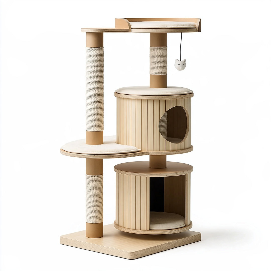 Tiragraffi per gatti 60 x 50 x 145 cm in legno beige con colonne in sisal e cucce