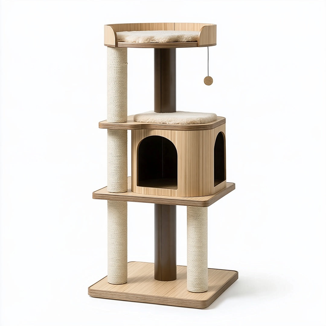 Tiragraffi per gatti 60 x 60 x 150 cm in legno beige con colonne rivestite in corda e cuccia